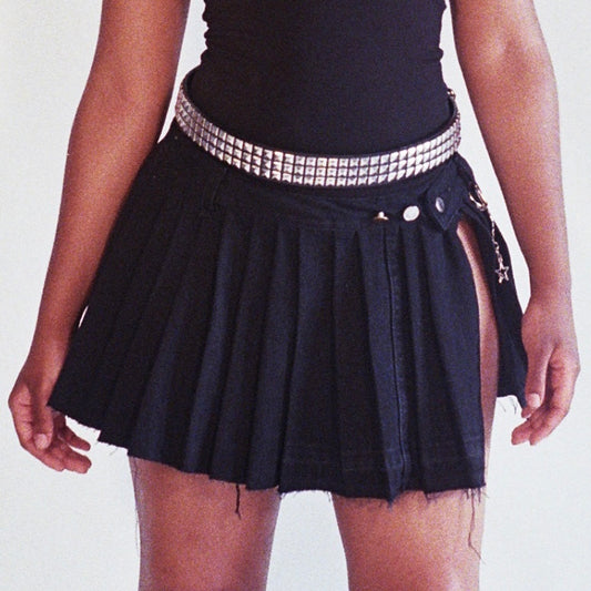 Pleated Denim Skirt [Black Denim]